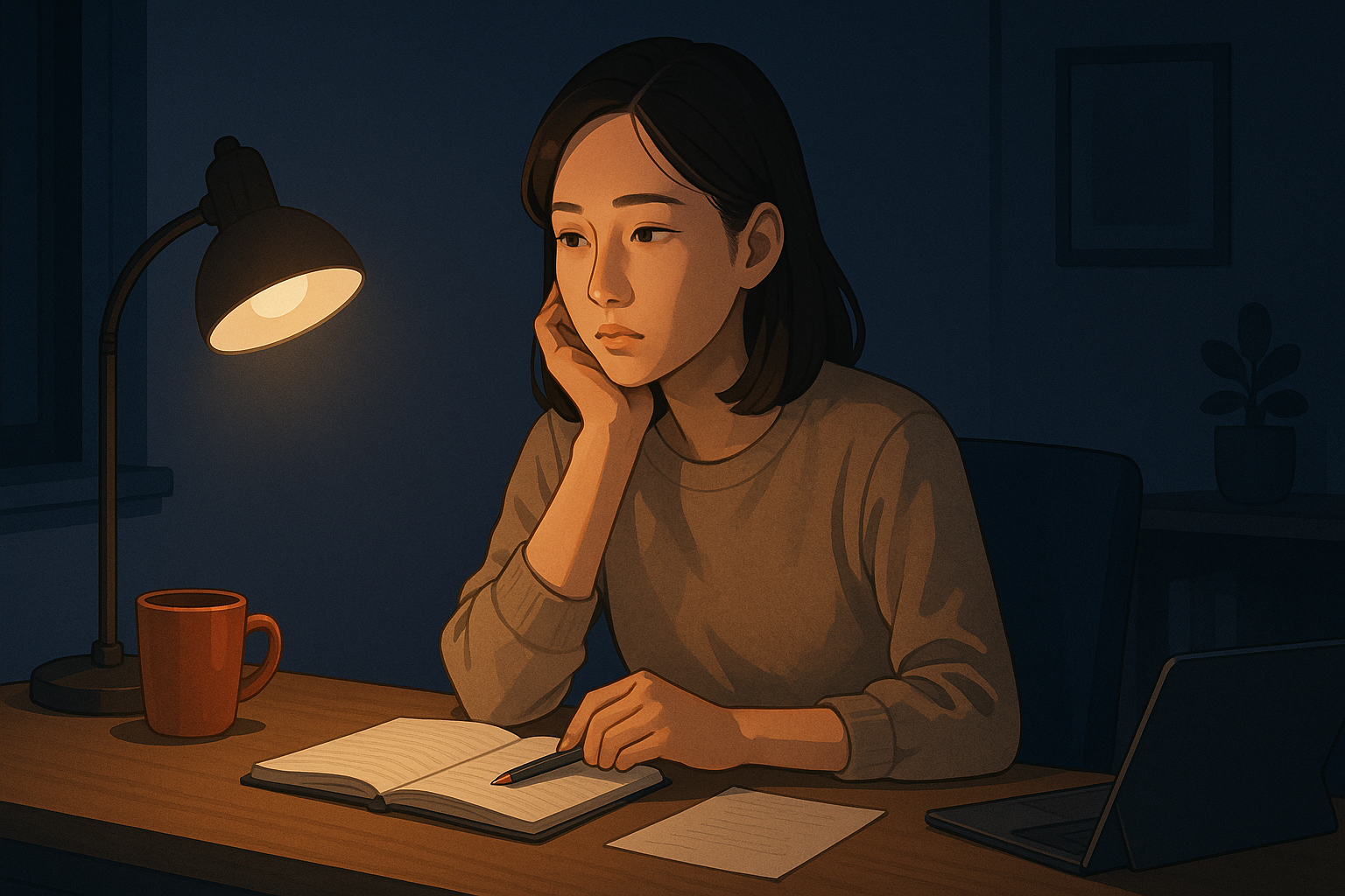 인생을 고민하며 책상 앞에 앉아 있는 젊은 한국인 여성 이미지